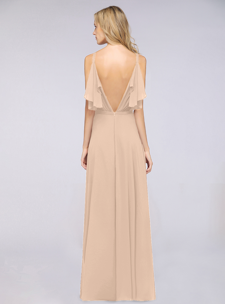 A-line Cold-Shoulder Chiffon Floor-Length Dress with Pearls-koscy