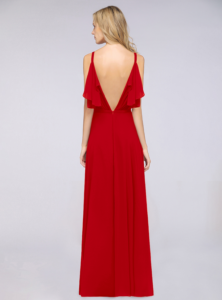 A-line Cold-Shoulder Chiffon Floor-Length Dress with Pearls-koscy