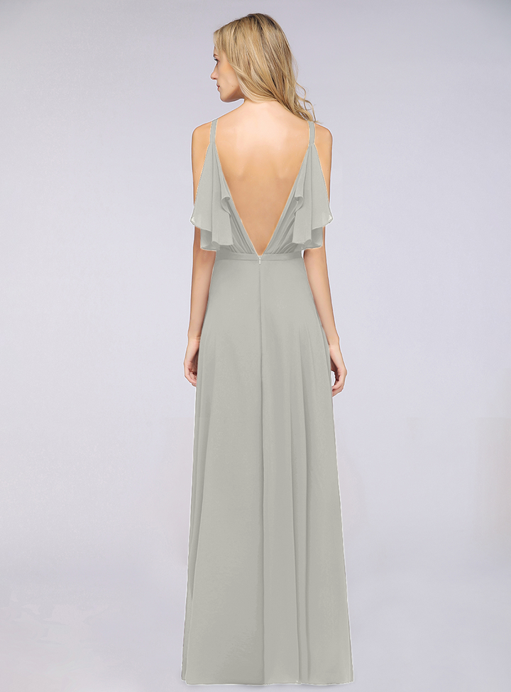 A-line Cold-Shoulder Chiffon Floor-Length Dress with Pearls-koscy