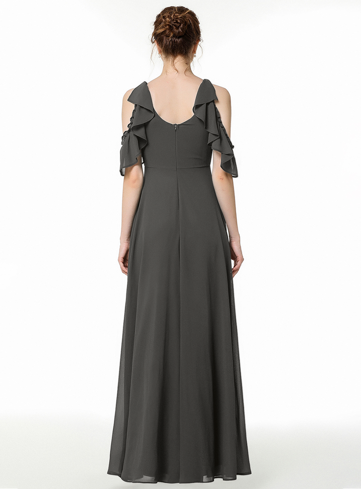 A-line Cold-Shoulder Ruched Chiffon Floor-Length Dress Dark Green-koscy