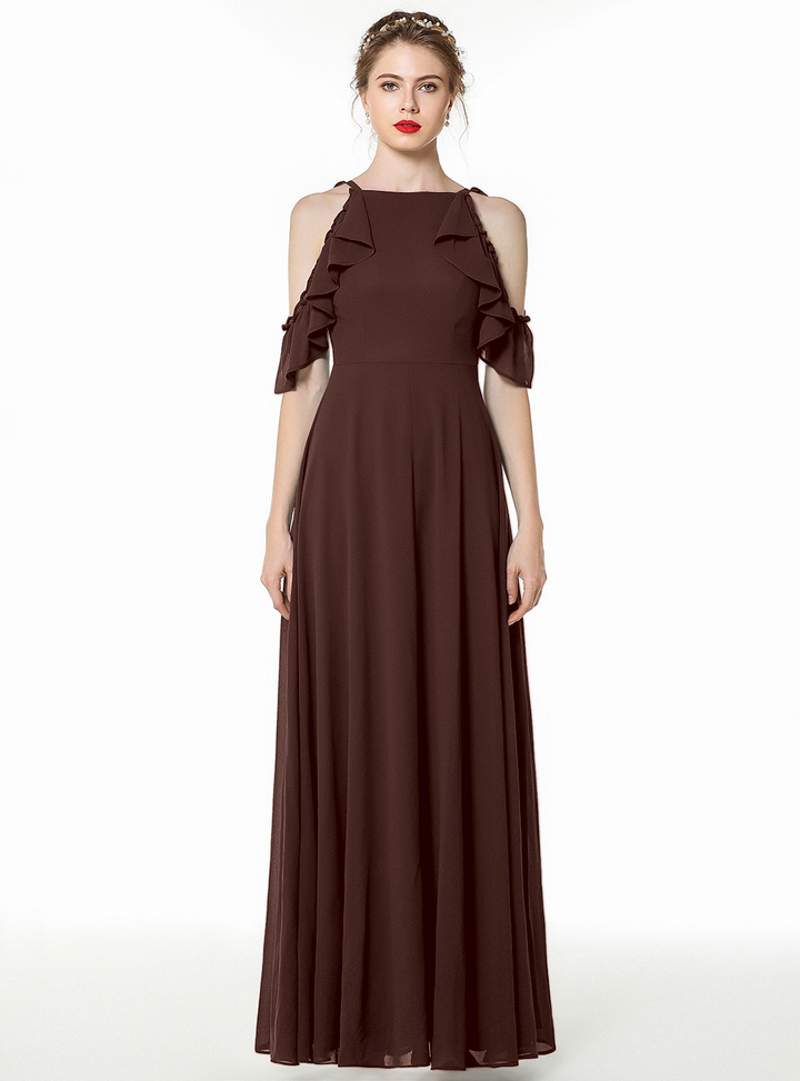 A-line Cold-Shoulder Ruched Chiffon Floor-Length Dress Dark Green-koscy