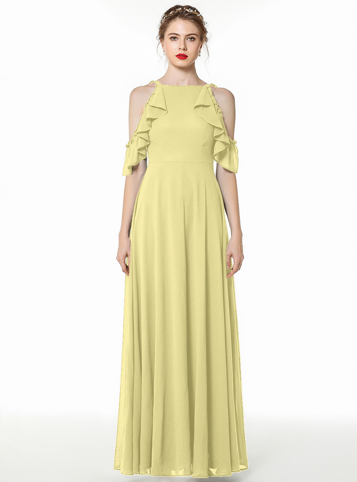 A-line Cold-Shoulder Ruched Chiffon Floor-Length Dress Dark Green-koscy