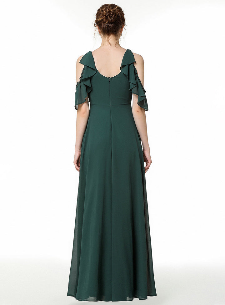 A-line Cold-Shoulder Ruched Chiffon Floor-Length Dress Dark Green-koscy