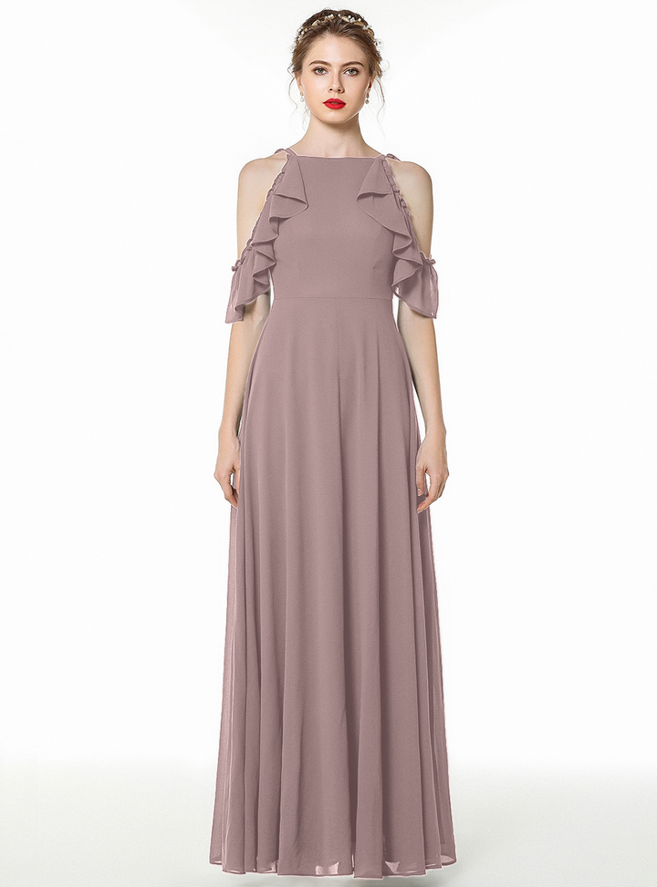 A-line Cold-Shoulder Ruched Chiffon Floor-Length Dress Dark Green-koscy