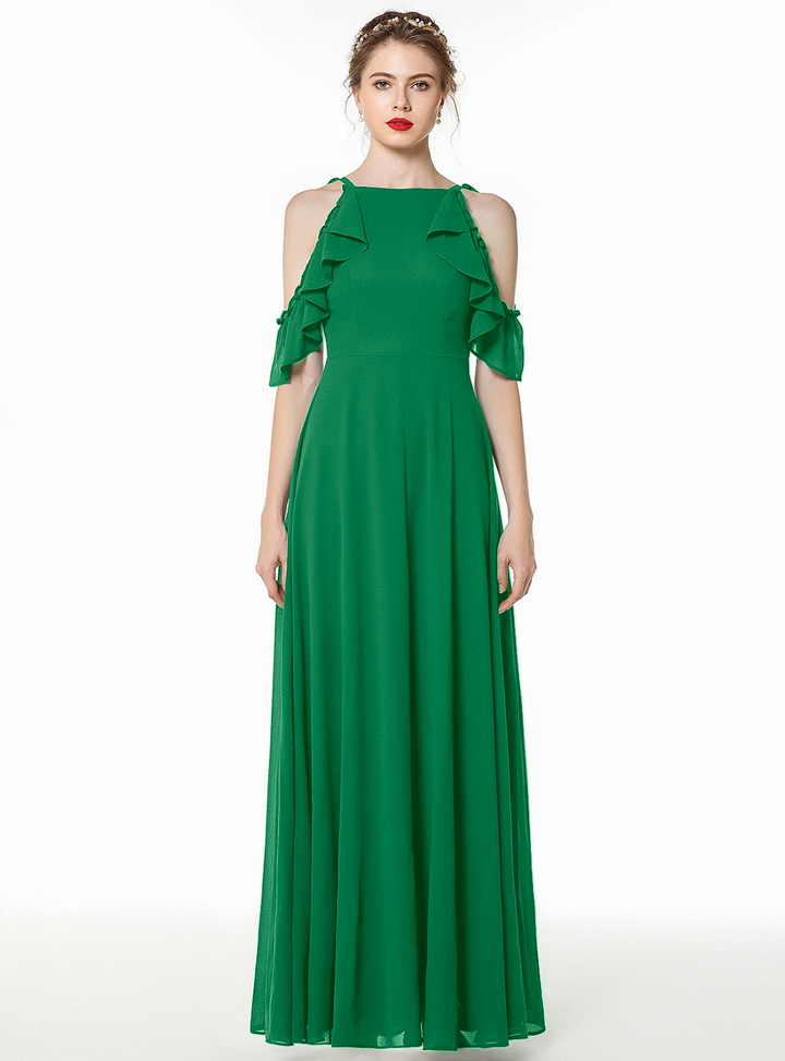 A-line Cold-Shoulder Ruched Chiffon Floor-Length Dress Dark Green-koscy