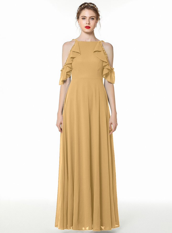 A-line Cold-Shoulder Ruched Chiffon Floor-Length Dress Dark Green-koscy