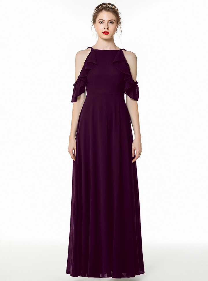 A-line Cold-Shoulder Ruched Chiffon Floor-Length Dress Dark Green-koscy