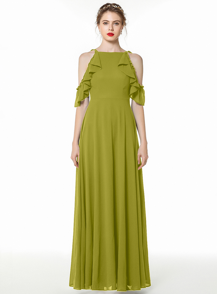 A-line Cold-Shoulder Ruched Chiffon Floor-Length Dress Dark Green-koscy