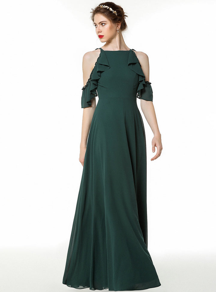 A-line Cold-Shoulder Ruched Chiffon Floor-Length Dress Dark Green-koscy