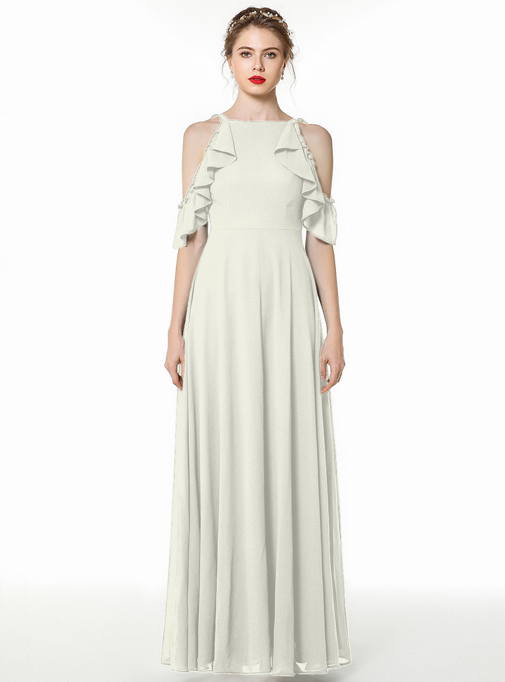 A-line Cold-Shoulder Ruched Chiffon Floor-Length Dress Dark Green-koscy