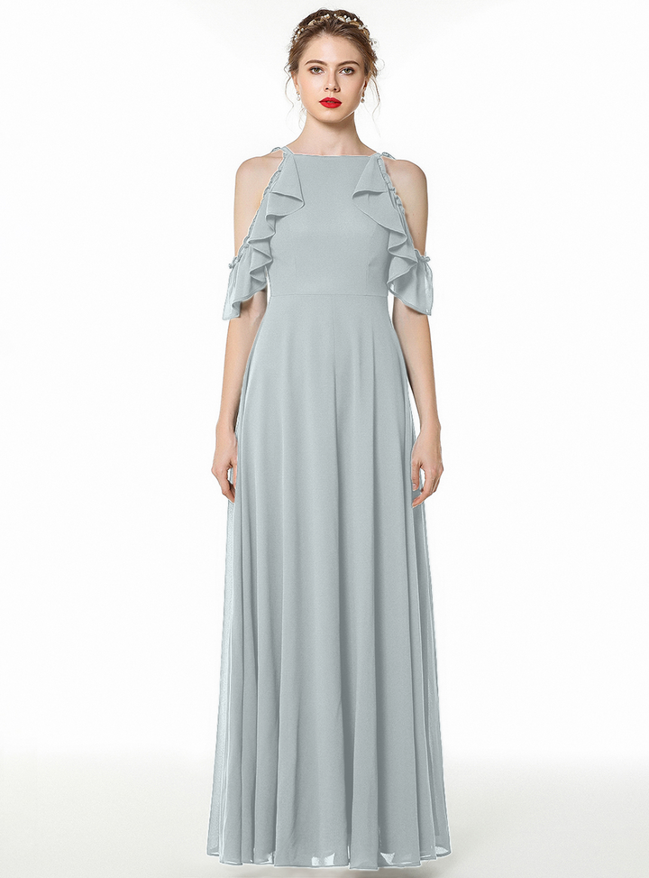 A-line Cold-Shoulder Ruched Chiffon Floor-Length Dress Dark Green-koscy