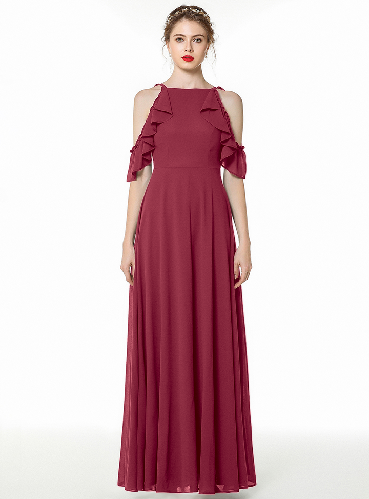 A-line Cold-Shoulder Ruched Chiffon Floor-Length Dress Dark Green-koscy