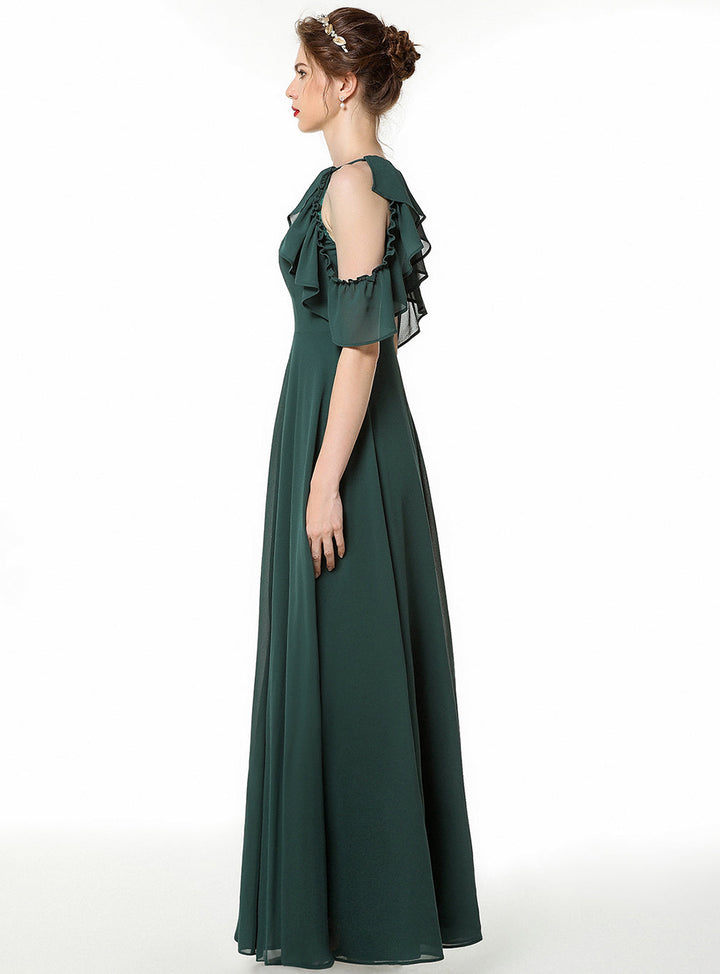 A-line Cold-Shoulder Ruched Chiffon Floor-Length Dress Dark Green-koscy