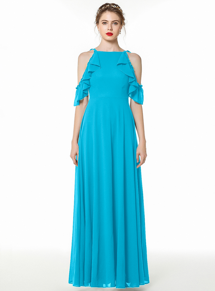 A-line Cold-Shoulder Ruched Chiffon Floor-Length Dress Dark Green-koscy