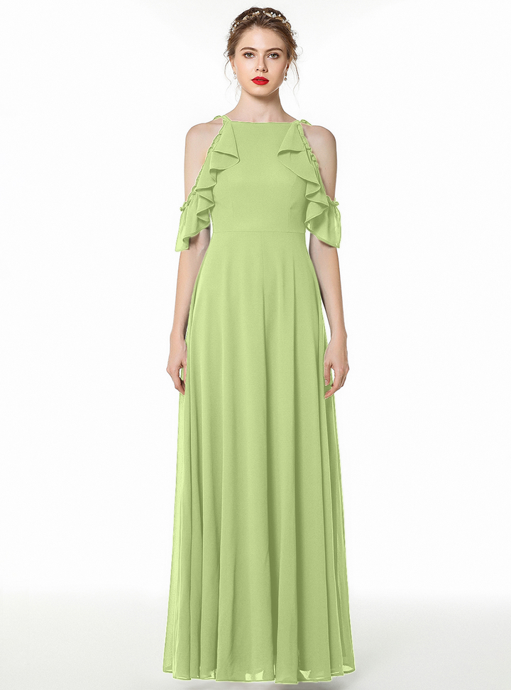 A-line Cold-Shoulder Ruched Chiffon Floor-Length Dress Dark Green-koscy