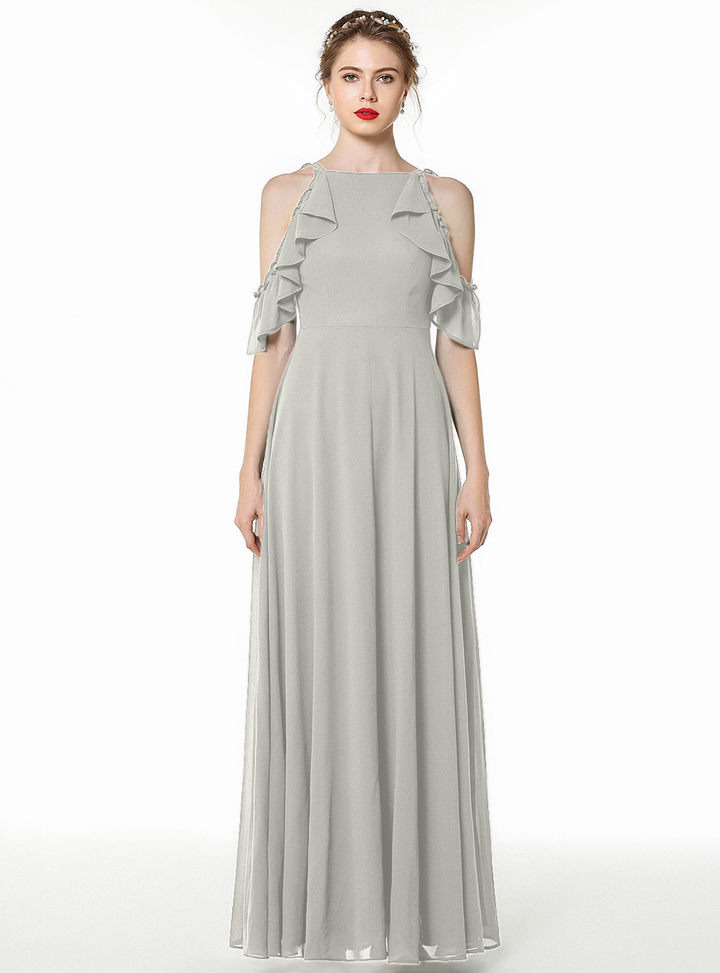 A-line Cold-Shoulder Ruched Chiffon Floor-Length Dress Dark Green-koscy