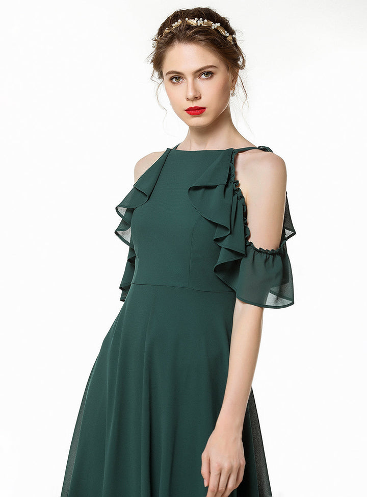 A-line Cold-Shoulder Ruched Chiffon Floor-Length Dress Dark Green-koscy