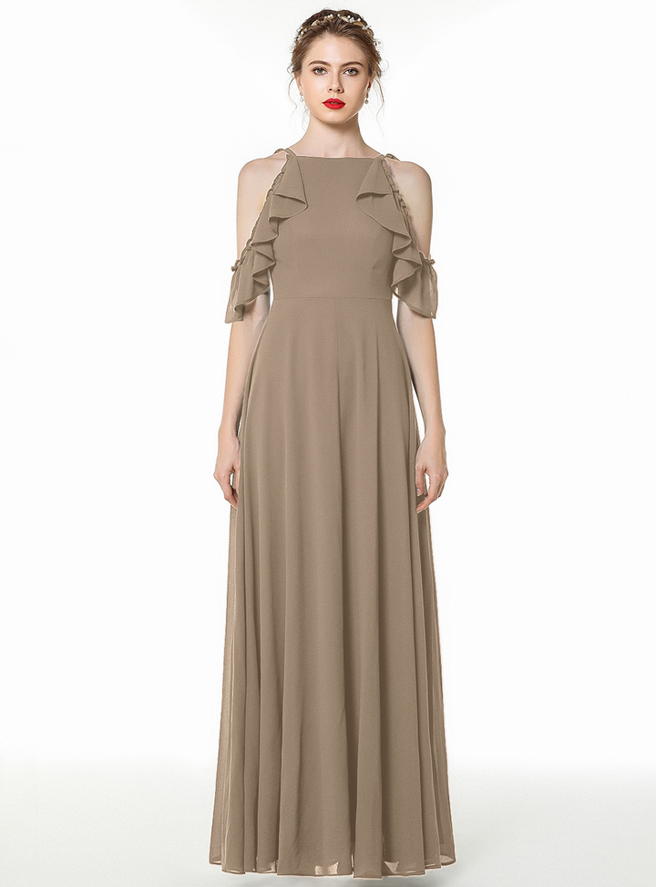 A-line Cold-Shoulder Ruched Chiffon Floor-Length Dress Dark Green-koscy