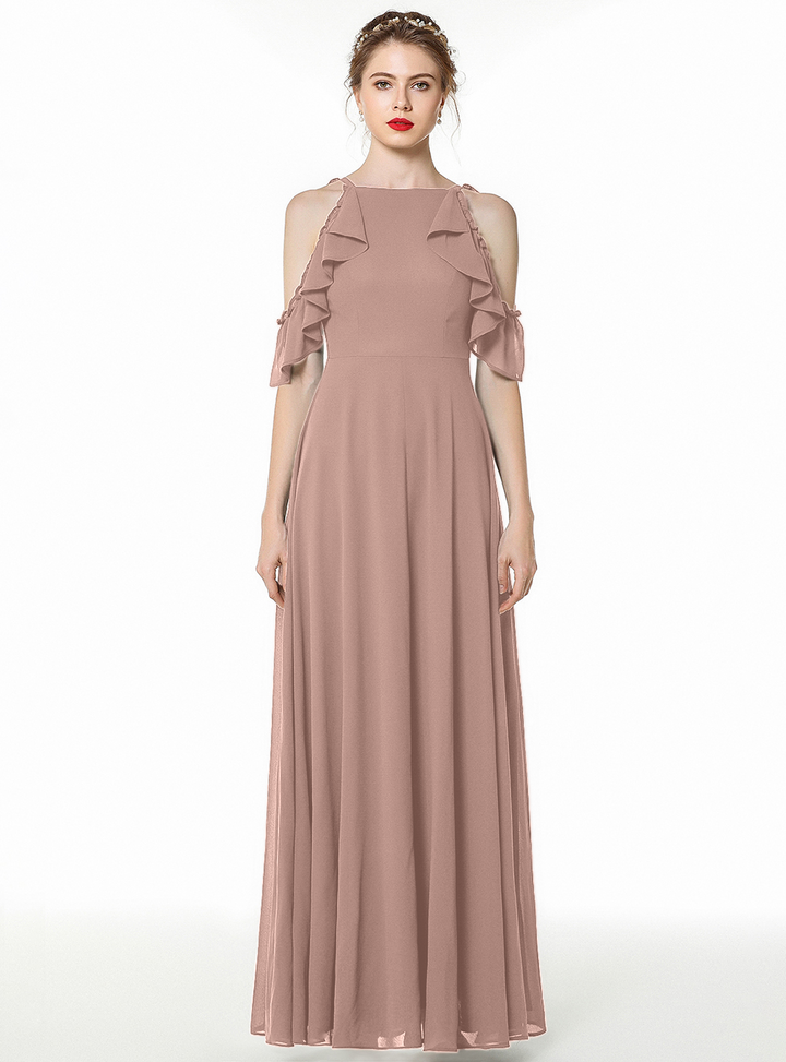 A-line Cold-Shoulder Ruched Chiffon Floor-Length Dress Dark Green-koscy