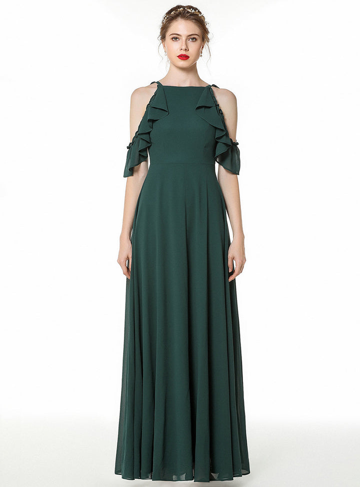 A-line Cold-Shoulder Ruched Chiffon Floor-Length Dress Dark Green-koscy