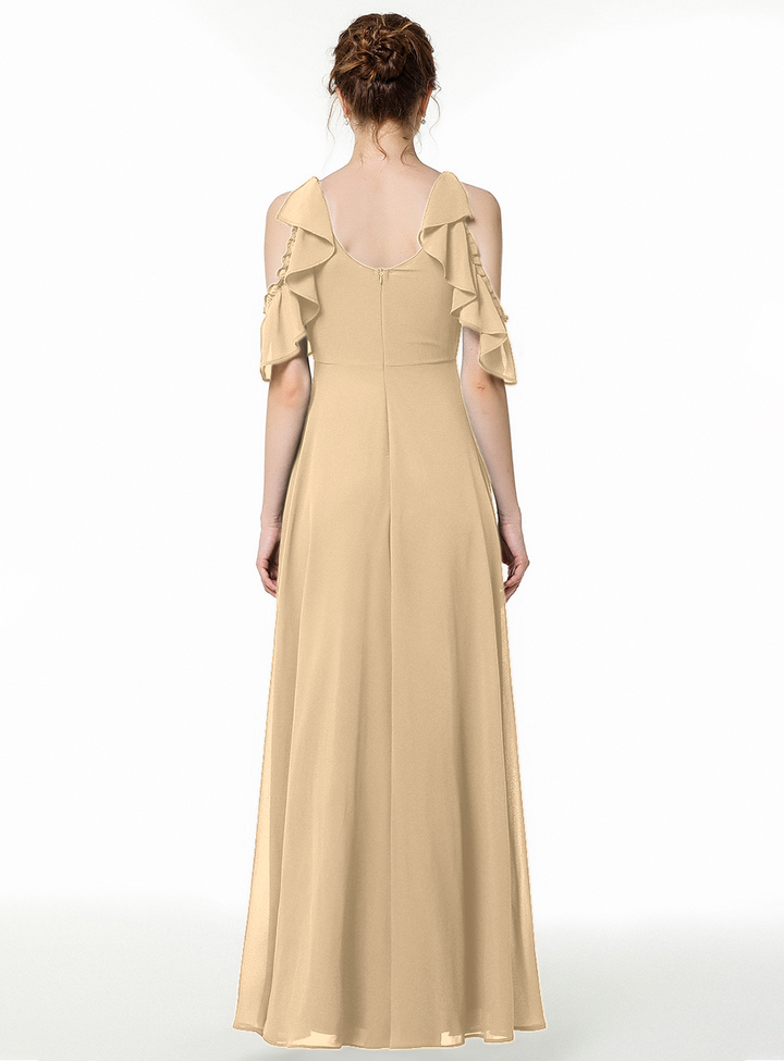 A-line Cold-Shoulder Ruched Chiffon Floor-Length Dress Dark Green-koscy