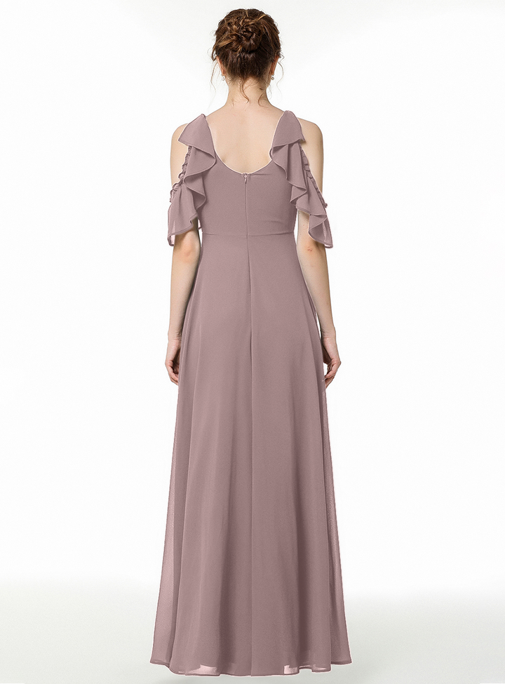 A-line Cold-Shoulder Ruched Chiffon Floor-Length Dress Dark Green-koscy