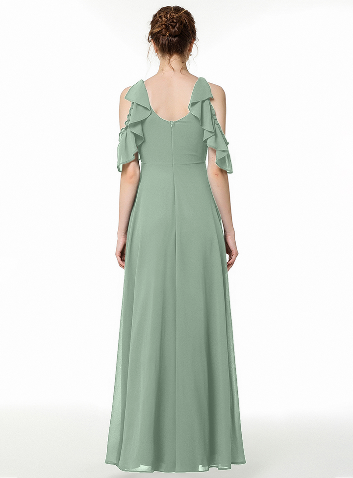 A-line Cold-Shoulder Ruched Chiffon Floor-Length Dress Dark Green-koscy