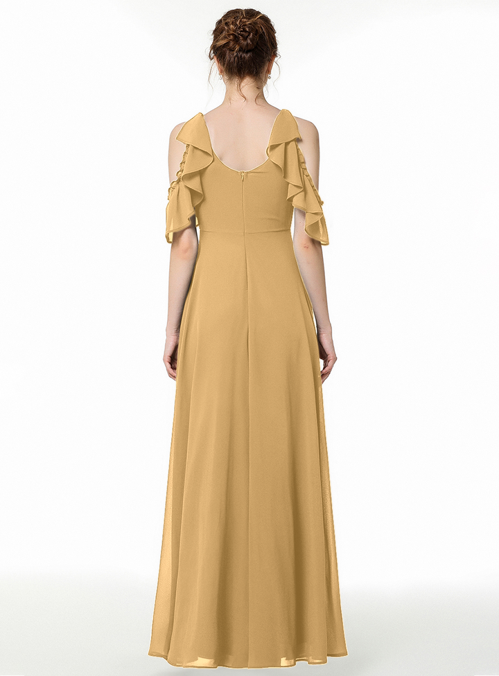 A-line Cold-Shoulder Ruched Chiffon Floor-Length Dress Dark Green-koscy