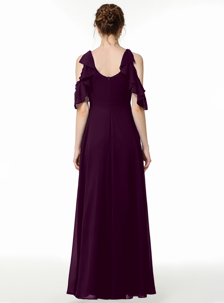 A-line Cold-Shoulder Ruched Chiffon Floor-Length Dress Dark Green-koscy