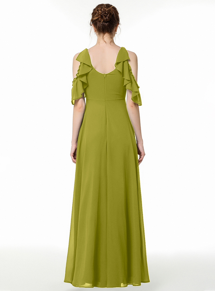 A-line Cold-Shoulder Ruched Chiffon Floor-Length Dress Dark Green-koscy