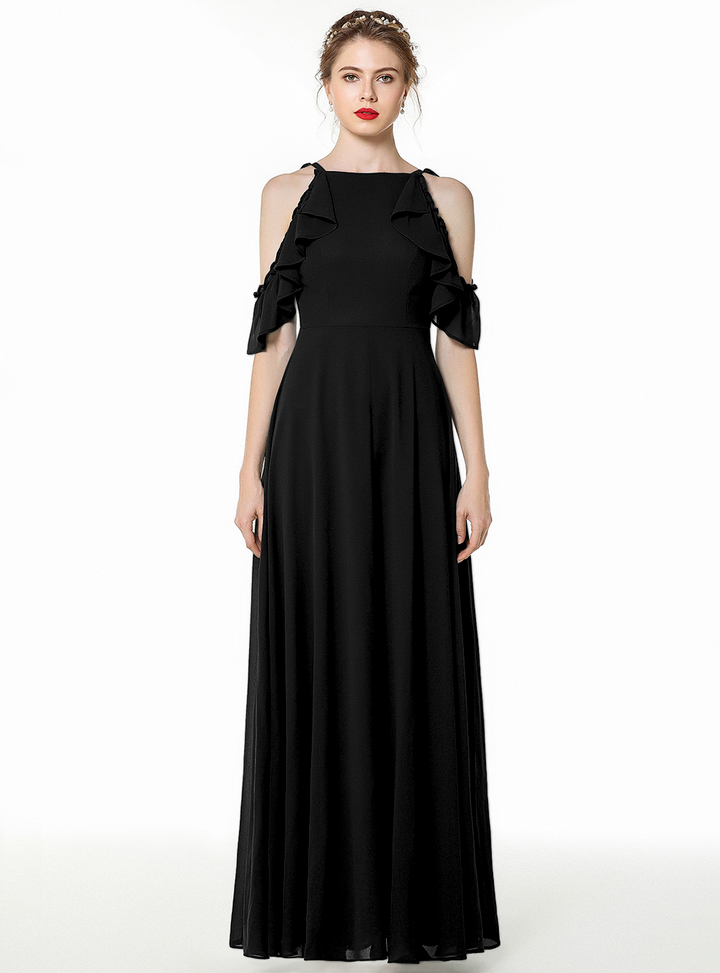 A-line Cold-Shoulder Ruched Chiffon Floor-Length Dress Dark Green-koscy