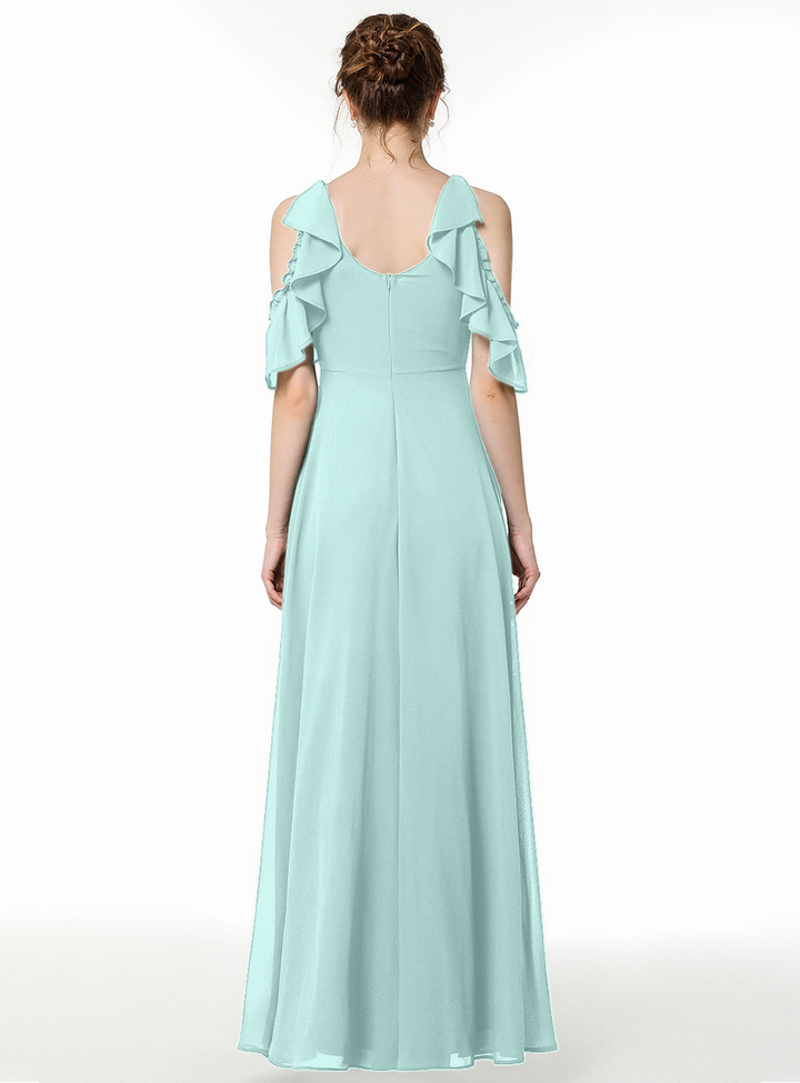 A-line Cold-Shoulder Ruched Chiffon Floor-Length Dress Dark Green-koscy