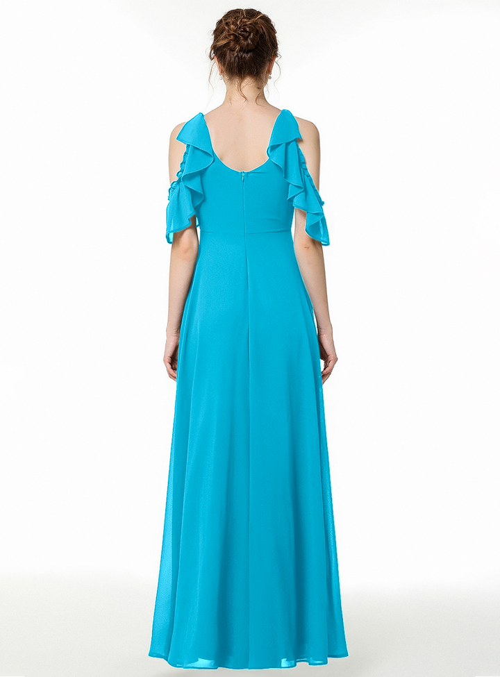 A-line Cold-Shoulder Ruched Chiffon Floor-Length Dress Dark Green-koscy