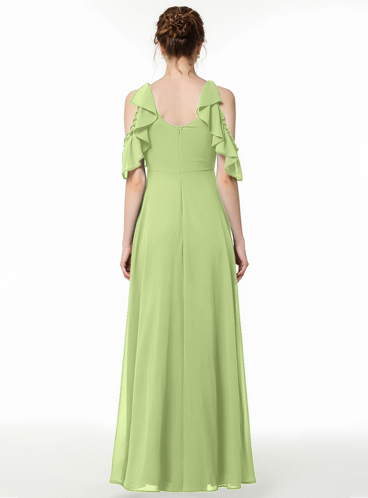 A-line Cold-Shoulder Ruched Chiffon Floor-Length Dress Dark Green-koscy