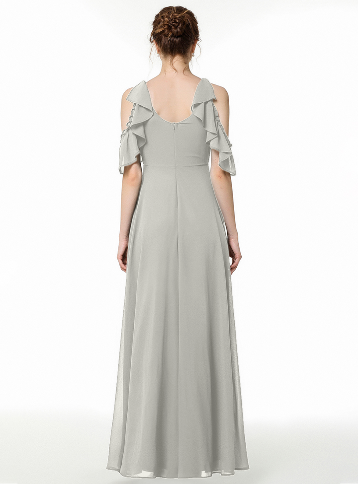 A-line Cold-Shoulder Ruched Chiffon Floor-Length Dress Dark Green-koscy