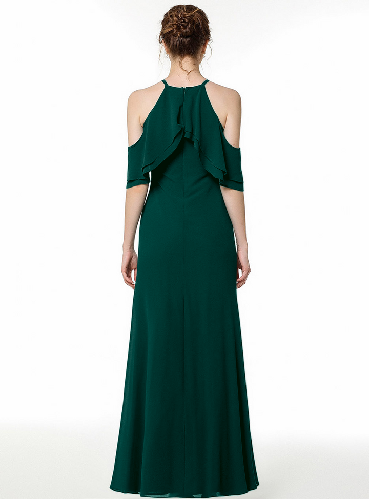 A-line Cold Shoulder Ruffle Chiffon Floor-Length Dress Dark Green-koscy