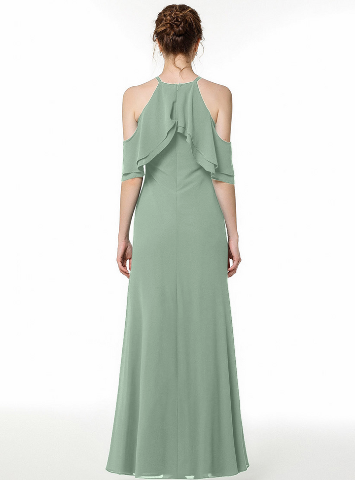 A-line Cold Shoulder Ruffle Chiffon Floor-Length Dress Dark Green-koscy