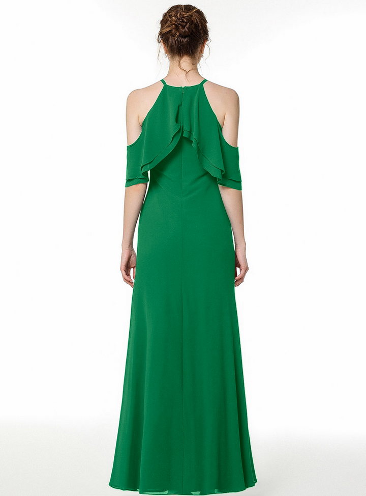 A-line Cold Shoulder Ruffle Chiffon Floor-Length Dress Dark Green-koscy