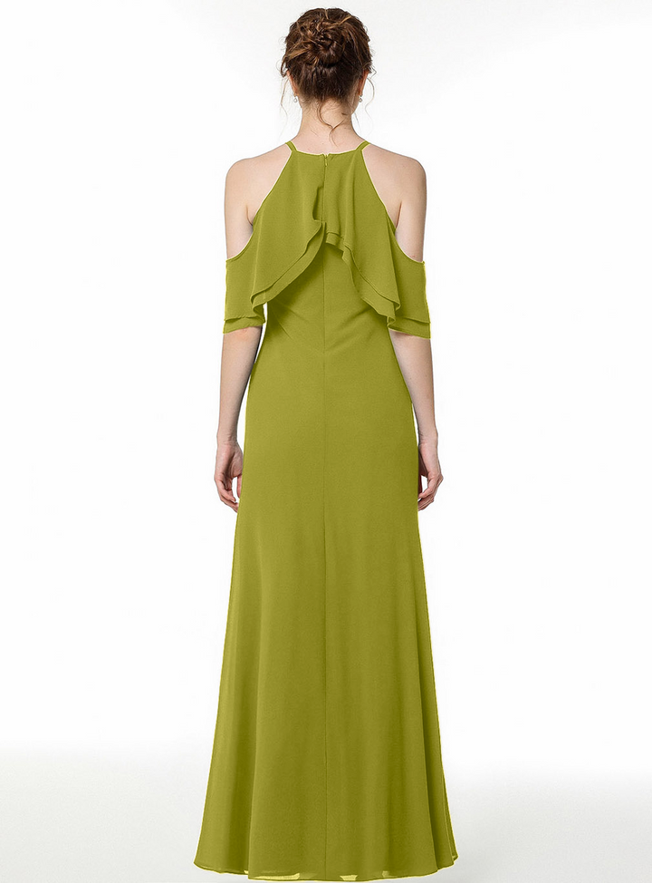 A-line Cold Shoulder Ruffle Chiffon Floor-Length Dress Dark Green-koscy