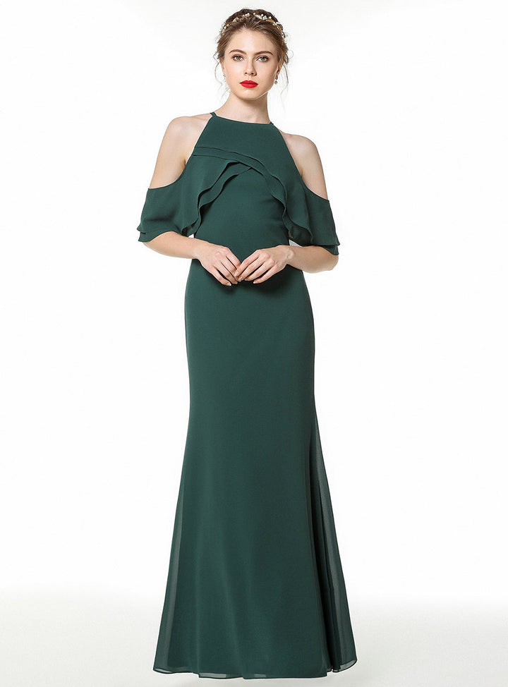 A-line Cold Shoulder Ruffle Chiffon Floor-Length Dress Dark Green-koscy