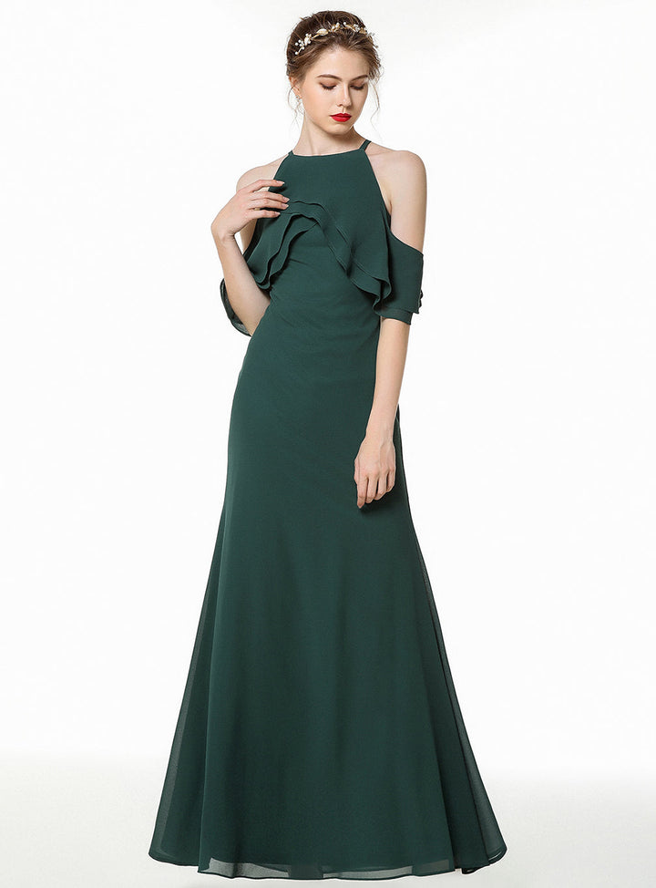 A-line Cold Shoulder Ruffle Chiffon Floor-Length Dress Dark Green-koscy