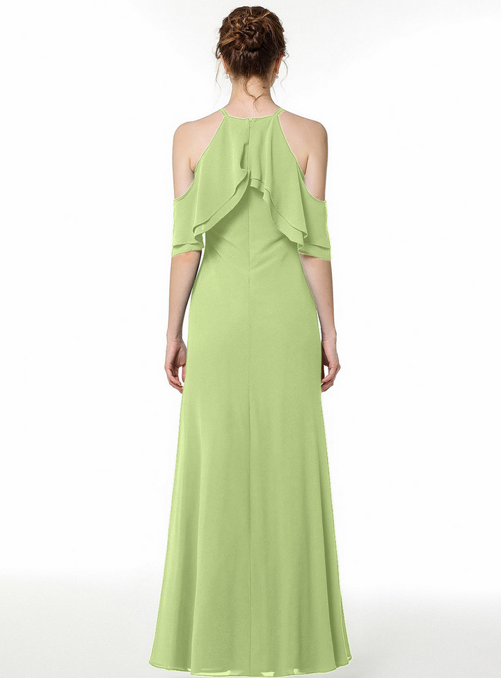 A-line Cold Shoulder Ruffle Chiffon Floor-Length Dress Dark Green-koscy