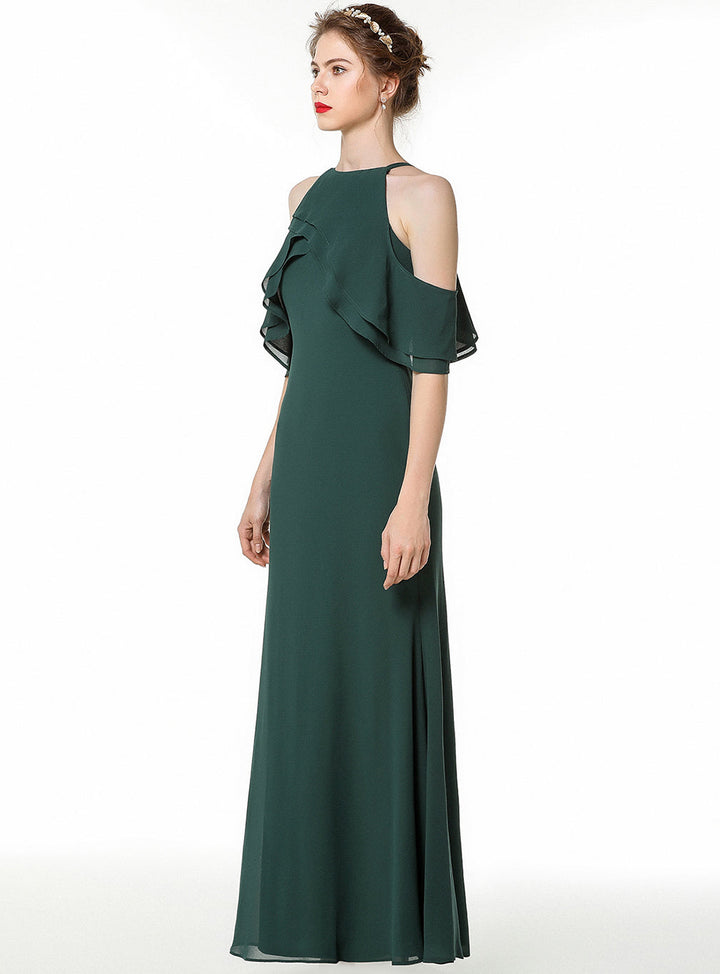 A-line Cold Shoulder Ruffle Chiffon Floor-Length Dress Dark Green-koscy