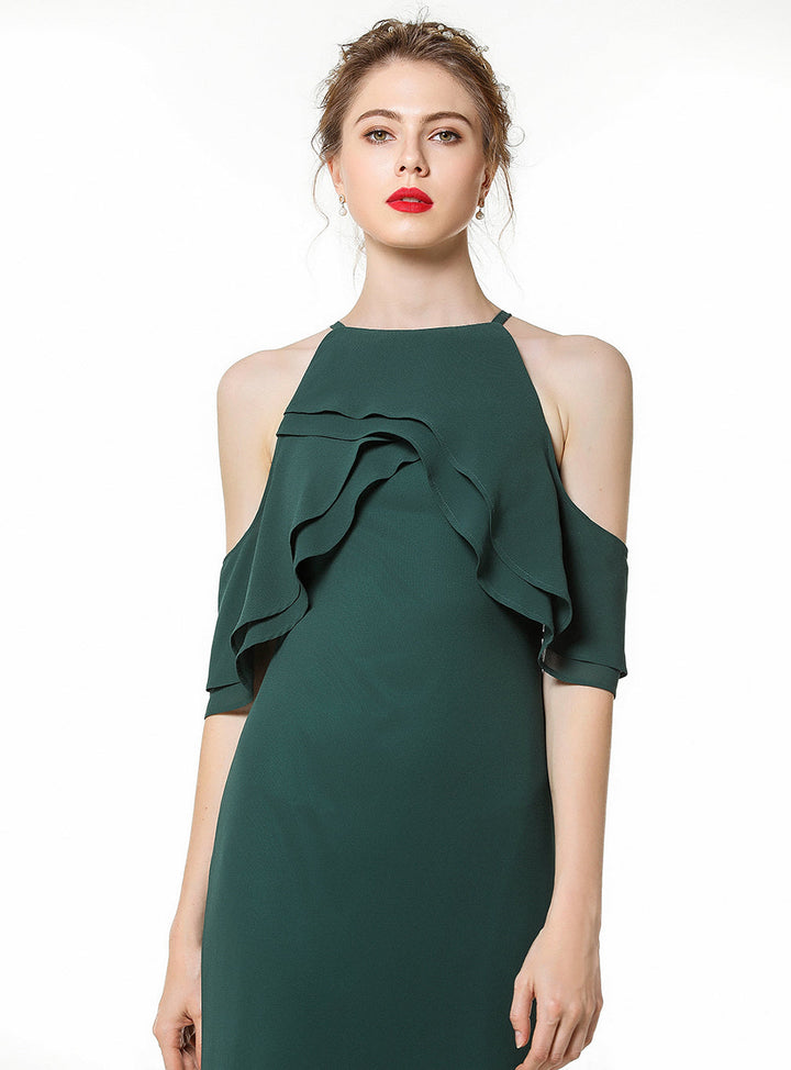 A-line Cold Shoulder Ruffle Chiffon Floor-Length Dress Dark Green-koscy