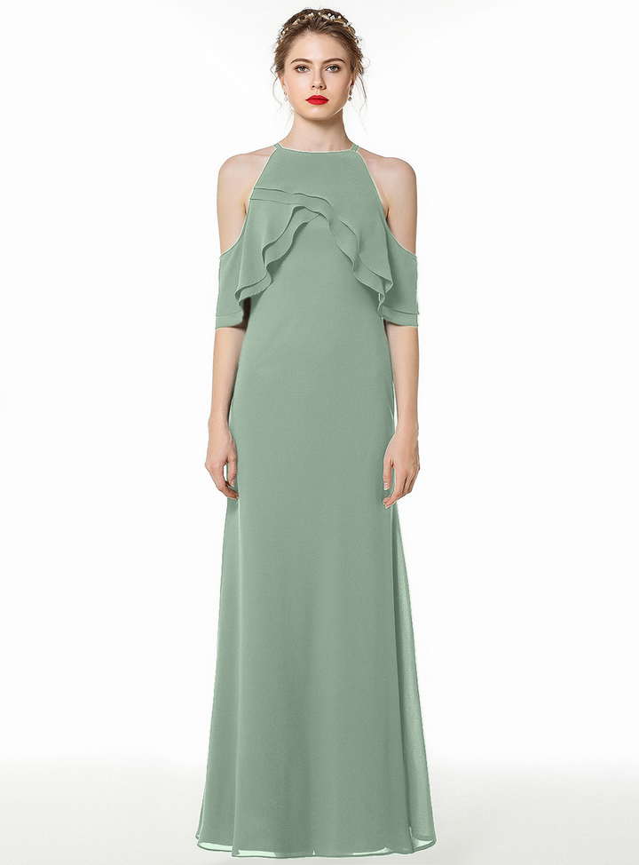 A-line Cold Shoulder Ruffle Chiffon Floor-Length Dress Dark Green-koscy