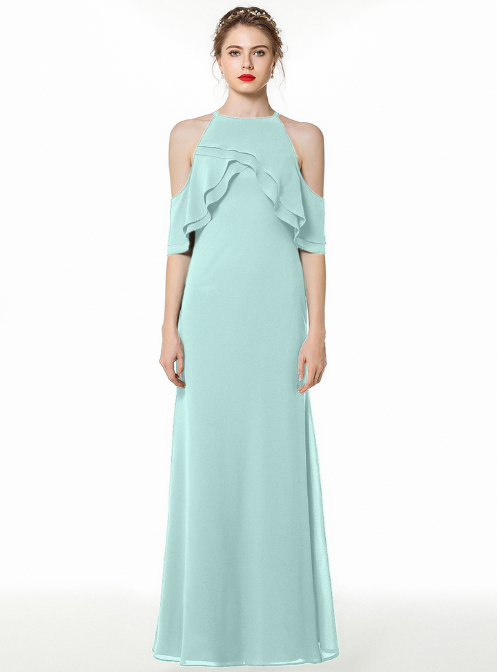 A-line Cold Shoulder Ruffle Chiffon Floor-Length Dress Dark Green-koscy