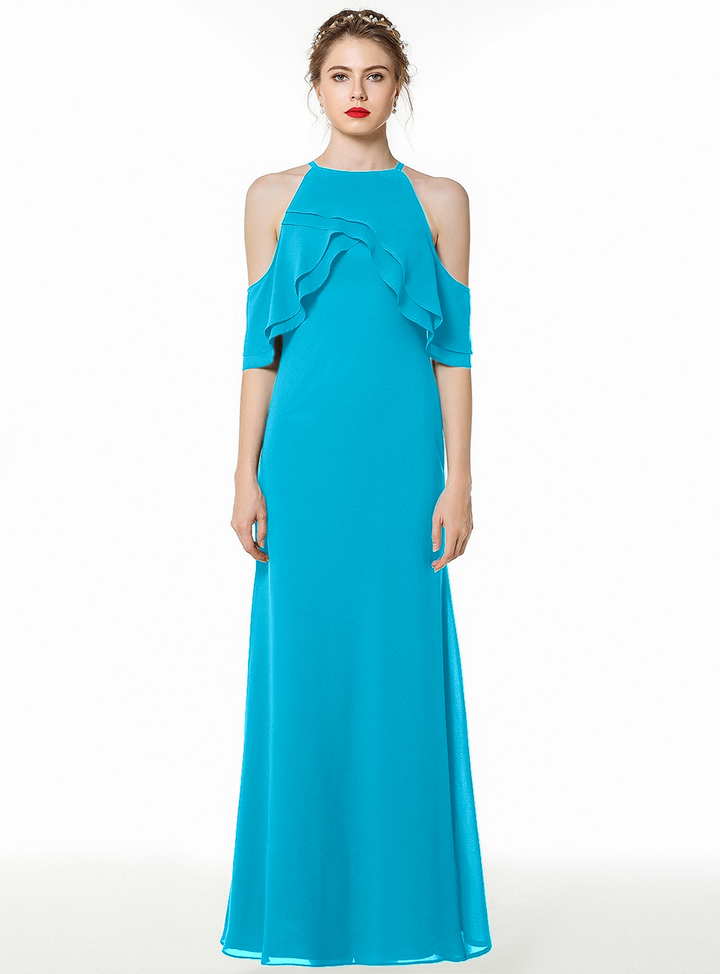 A-line Cold Shoulder Ruffle Chiffon Floor-Length Dress Dark Green-koscy