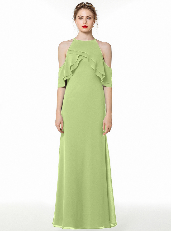 A-line Cold Shoulder Ruffle Chiffon Floor-Length Dress Dark Green-koscy