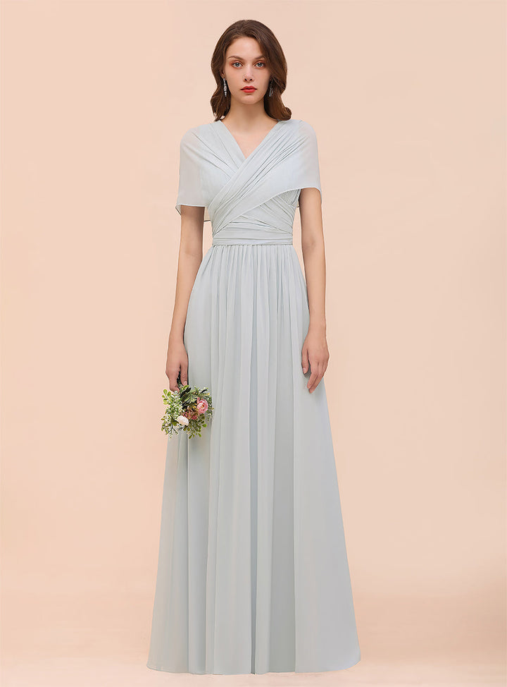 A-line Convertible Pleated Chiffon Floor-Length Dress Mist-koscy