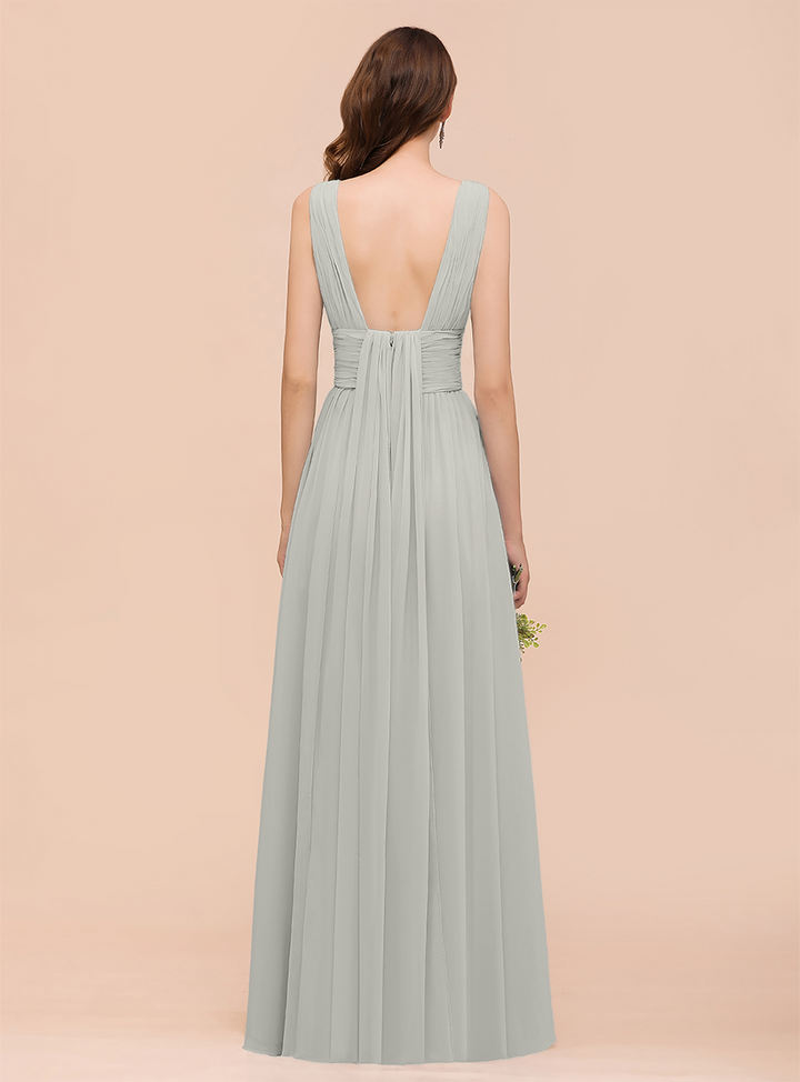 A-line Convertible Pleated Chiffon Floor-Length Dress Mist-koscy